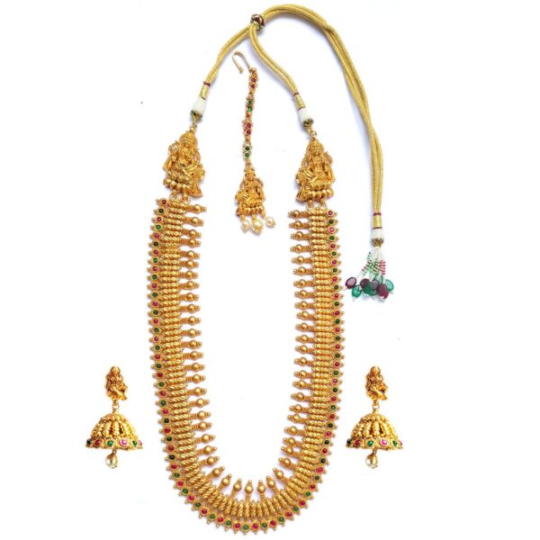 South Indian Traditional Temple Jewellery stone studded Matte Finish Copper Necklace set with Teeka mum063-1