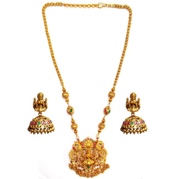 South Indian Traditional Temple Jewellery stone studded Matte Finish Copper Goddess carved Long Necklace Set mum064-1