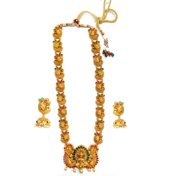 South Indian Traditional Temple Jewellery Stone Studded Matte Finish Copper Long Necklace Set mum065-1