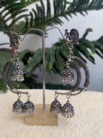 Indian Mores German Silver Black Polish Designer peacock and Jhumki Earring for Girls