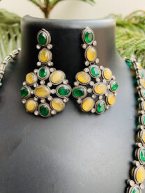 Indian Mores Round Pendant Green and Yellow Stone Necklace Earrings Set