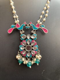 Indian Mores Black Polish Magenta and Blue Stone Necklace