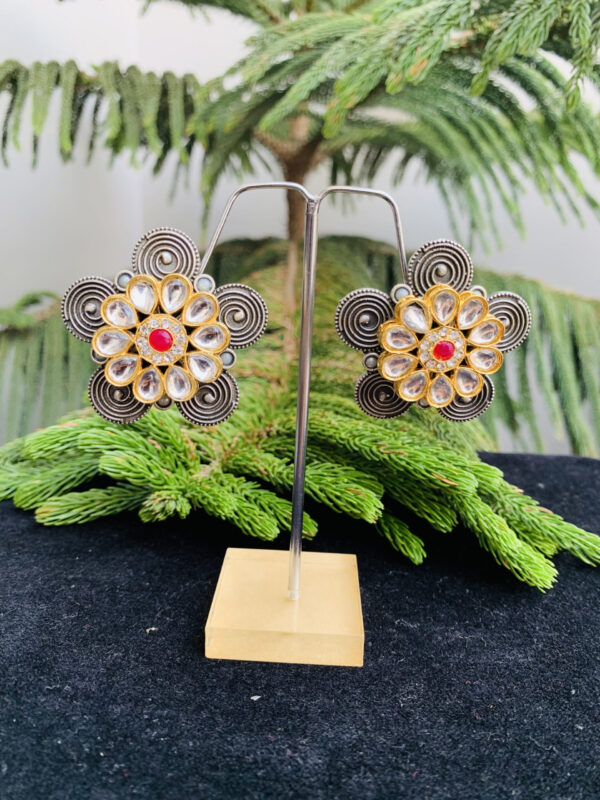 Indian Mores German Silver Flower Shaped Kundan Red Blue Stone Earrings german-silver-kundan-red-blue-stone-earrings-2