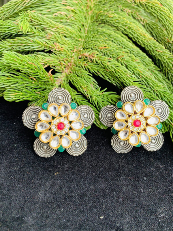 Indian Mores German Silver Flower Shaped Kundan Red Green Stone Earrings german-silver-kundan-red-green-stone-earrings-2-scaled