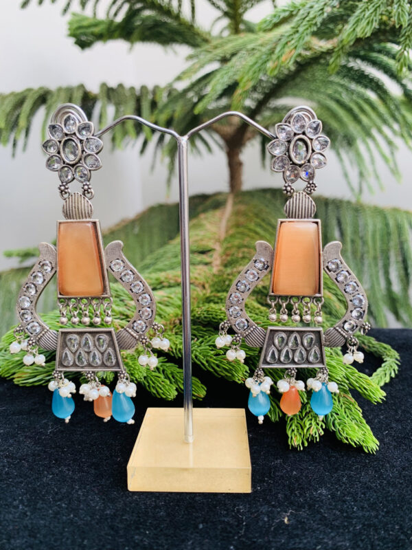 Indian Mores German Silver Polish Orange Blue Stone Long Earrings german-silver-orange-blue-stone-earrings-2