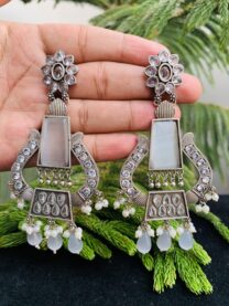 Indian Mores German Silver Polish White Stone Long Earrings
