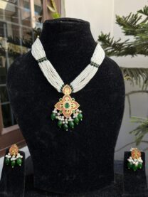 Indian-mores-jadau-flower-pendant-chid-moti-green-drop-chokar-set
