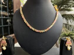 Indian-mores-pink-stone-singleline-necklace-earrings-2-scaled