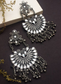 Indian Mores German Silver Black Polish Designer Stone Studed Antique Earring With Hanging Bead for Girls