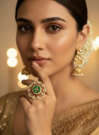 Indian Mores Kundan Green Paachi Pearl Ring for Girls and Women